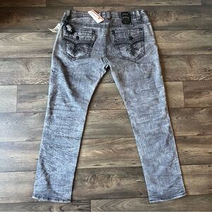 Rock Revival Men's Mike Biker Grey Wash Denim Jeans Size 40x32